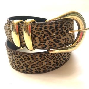 Vintage La Rue Leather Belt Womens Leopard Print Gold Buckle Waist 30”-32”